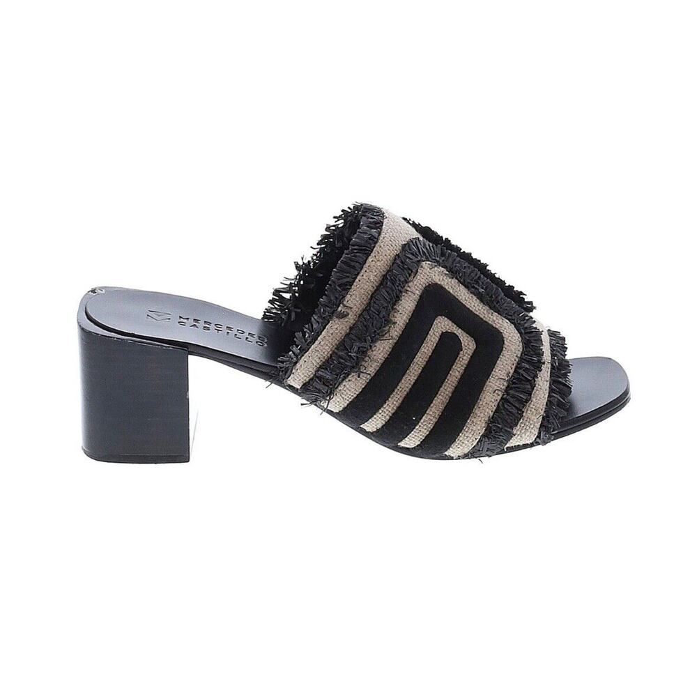 MERCEDES CASTILLO Black Tan Raffia Leather Fringe Block Mule Sandal Size 7.5